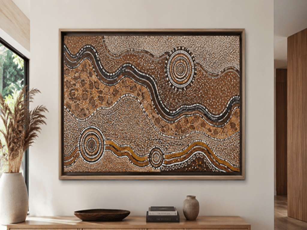 A Complete Guide on How To Frame Aboriginal Art 3 Aboriginal canvas artwork displayed in a custom floating frame with professional gallery style framing