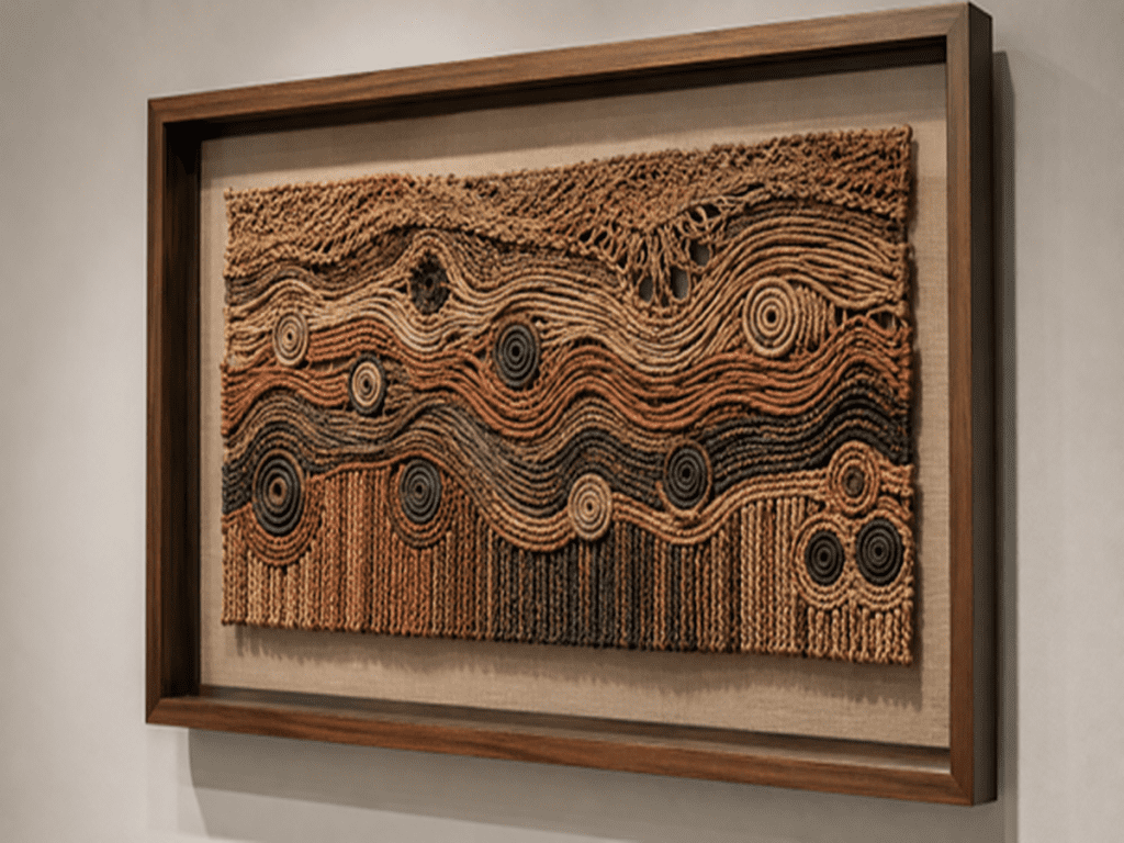 A Complete Guide on How To Frame Aboriginal Art 5 Aboriginal woven fibre artwork displayed in a deep shadow box frame with conservation framing