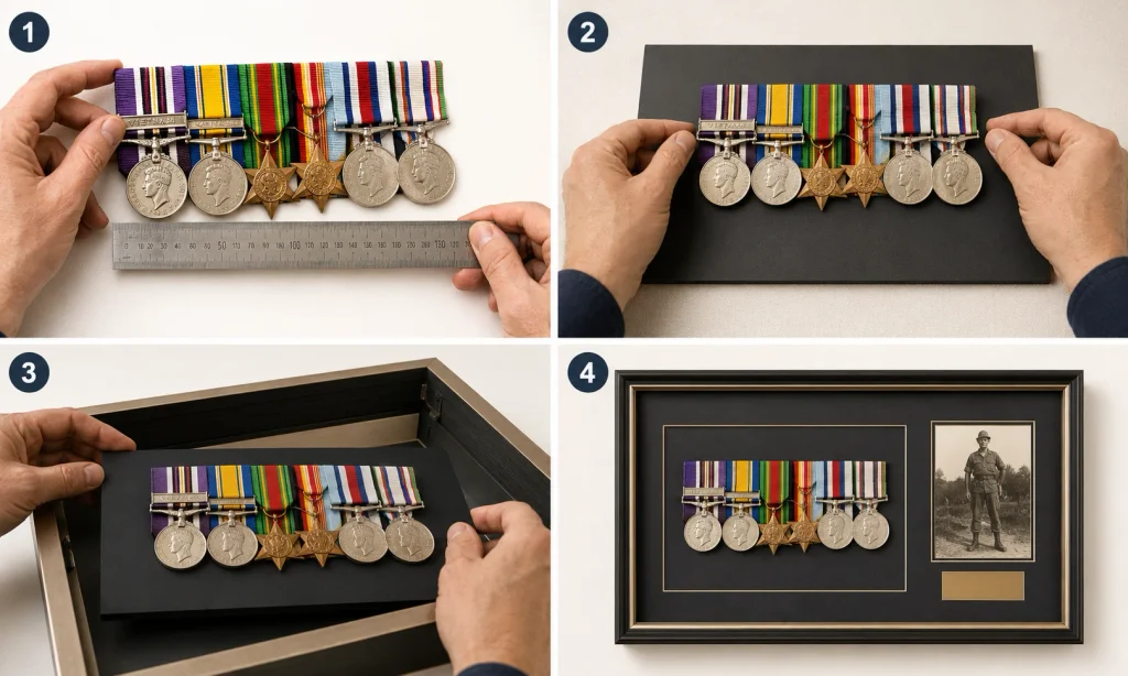 Brooch mounted medal group being measured and framed.