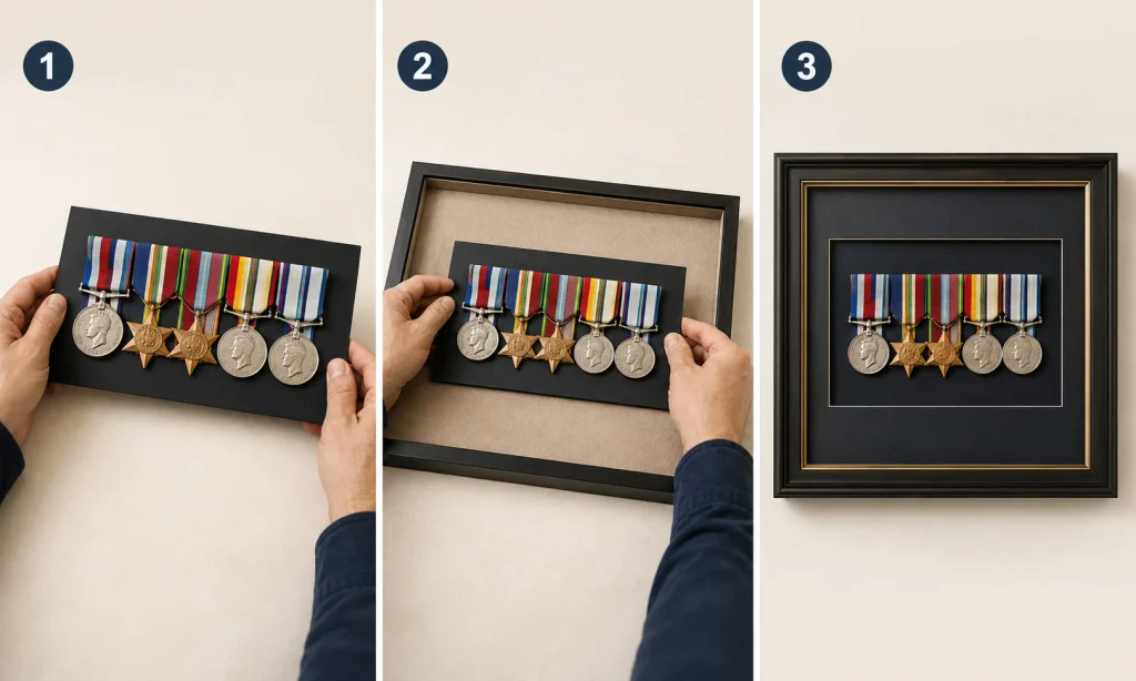 Court mounted medal group placed intact into a formal frame.