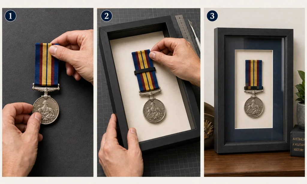 Loose medal being mounted in a deep frame.