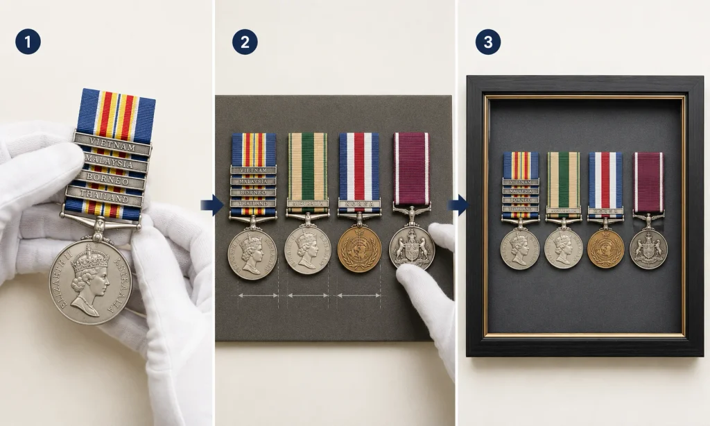 Medals with clasps arranged with extra framing space.