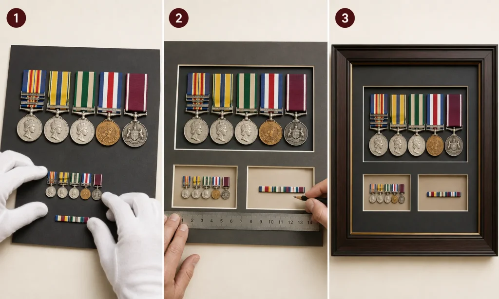 Miniature medals and ribbon bars separately mounted.