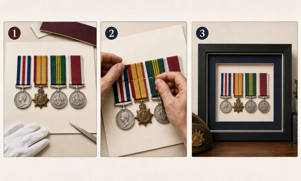Ribbon mounted medals secured flat inside a frame.