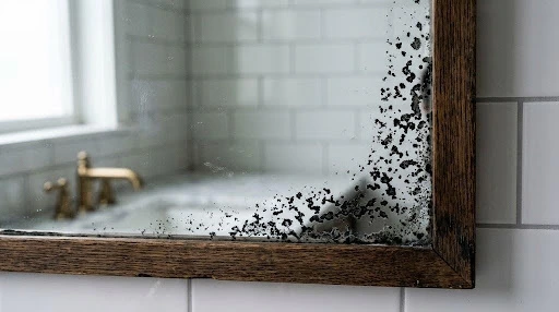 How to Clean a Framed Mirror Without Damaging the Frame 3 Person using a card to shield a wooden mirror frame while cleaning the glass with a microfibre cloth