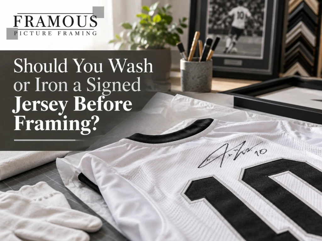 Should You Wash or Iron a Signed Jersey Before Framing? 1 Signed sports jersey prepared for framing with autograph visible on the fabric