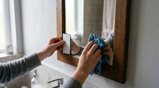 How to Clean a Framed Mirror Without Damaging the Frame 2 Person using a card to shield a wooden mirror frame while cleaning the glass with a microfibre cloth